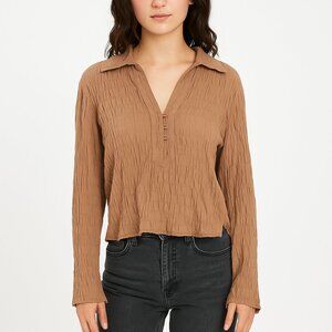 ANDREW & CO VINTAGE Crinkle‎ Textured Button Front Blouse Y2K Latte L